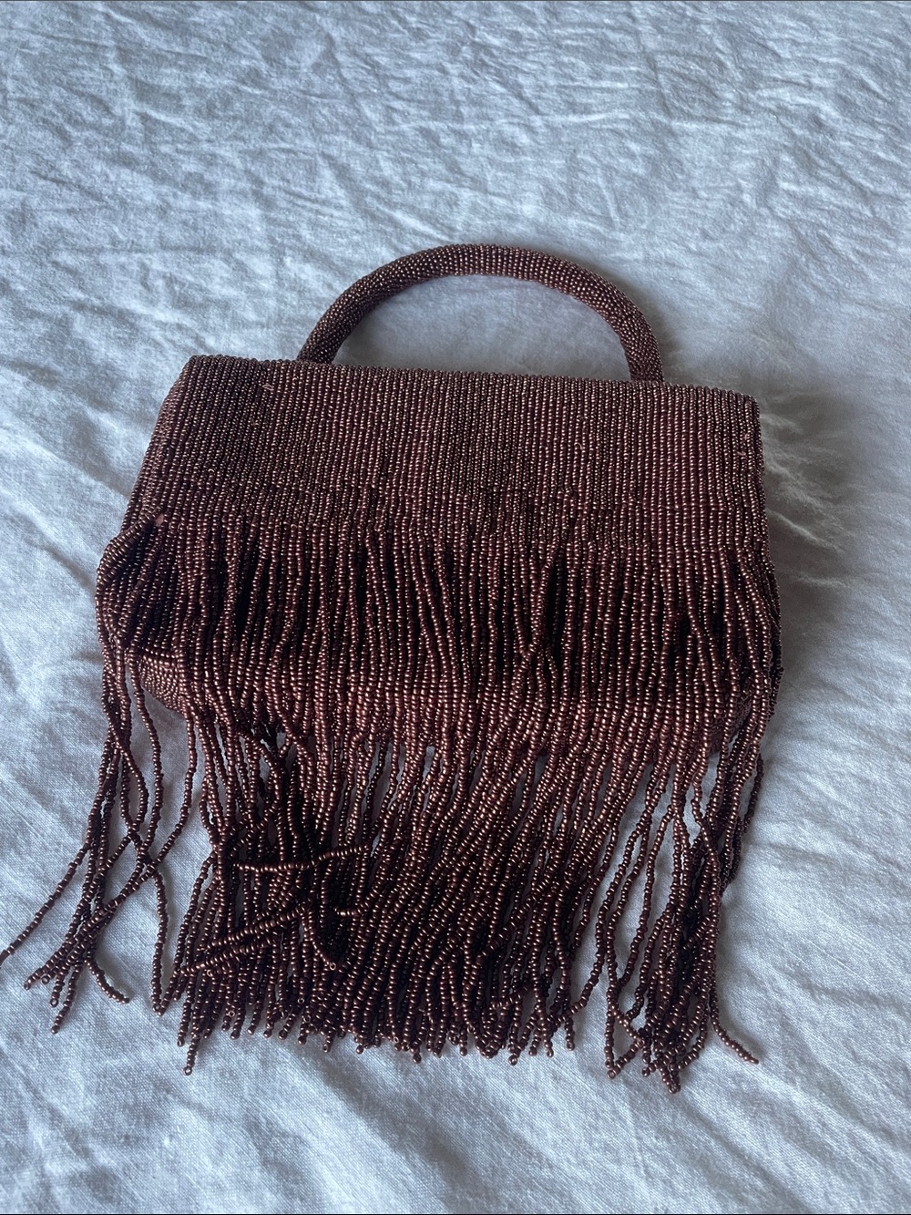 Anthropologie Brown Beaded Fringe Top-Handle Clutch